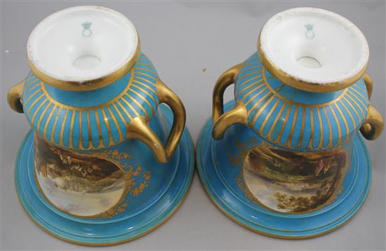 A pair of Copeland and Garrett gilt and turquoise porcelain campana urns, c.1840, 19cm